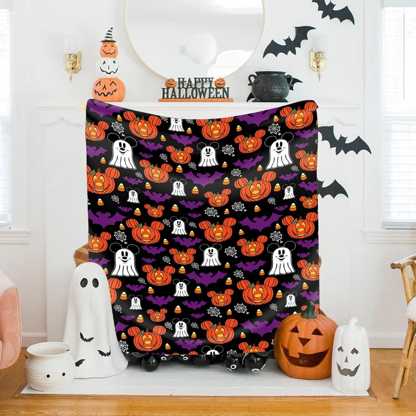 Halloween Throw Blankets, Halloween Jack-O-Lantern Pumpkins Ghost Bat Cartoon Mouse Flannel Blanket Gifts, Soft Cozy Halloween Decorative Bed Throw Blankets 60X50 Inch