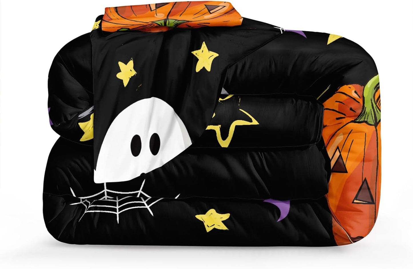 Pumpkin Comforter Set King Size Halloween Comforter Set Girls Boys Kids Cute Orange Pumpkin and White Ghost Printed Design Halloween Bedding Set 4 Pieces Candy and Pumpkin Bedding Sets