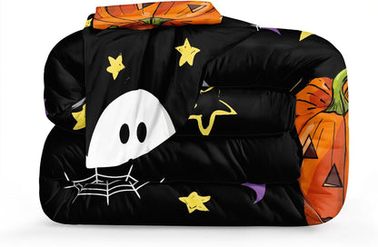 Pumpkin Comforter Set Queen Size Halloween Comforter Set Girls Boys Kids Cute Orange Pumpkin and White Ghost Printed Design Halloween Bedding Set 4 Pieces Candy and Pumpkin Bedding Sets