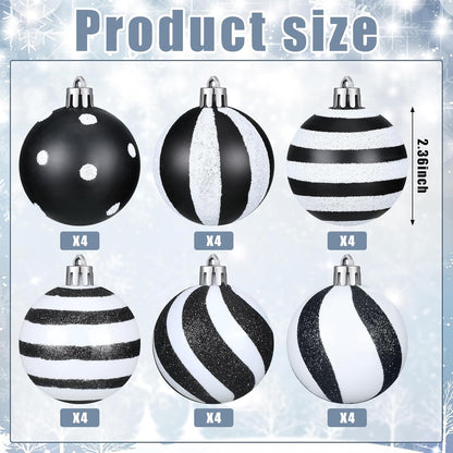 24 Pcs Christmas Black and White Ball 2.36 Inch Stripe Dot Hanging Xmas Ball Plastic Black Christmas Ornaments Christmas Decorations for Home and Holiday Party Christmas Trees Accessories