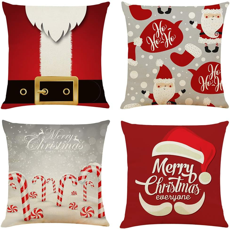 4PCS 18"X18" Throw Pillow Covers Christmas Decorative Couch Pillow Cases Cotton Linen Pillow Square Cushion Cover for Sofa, Couch, Bed and Car (Christmas-F)