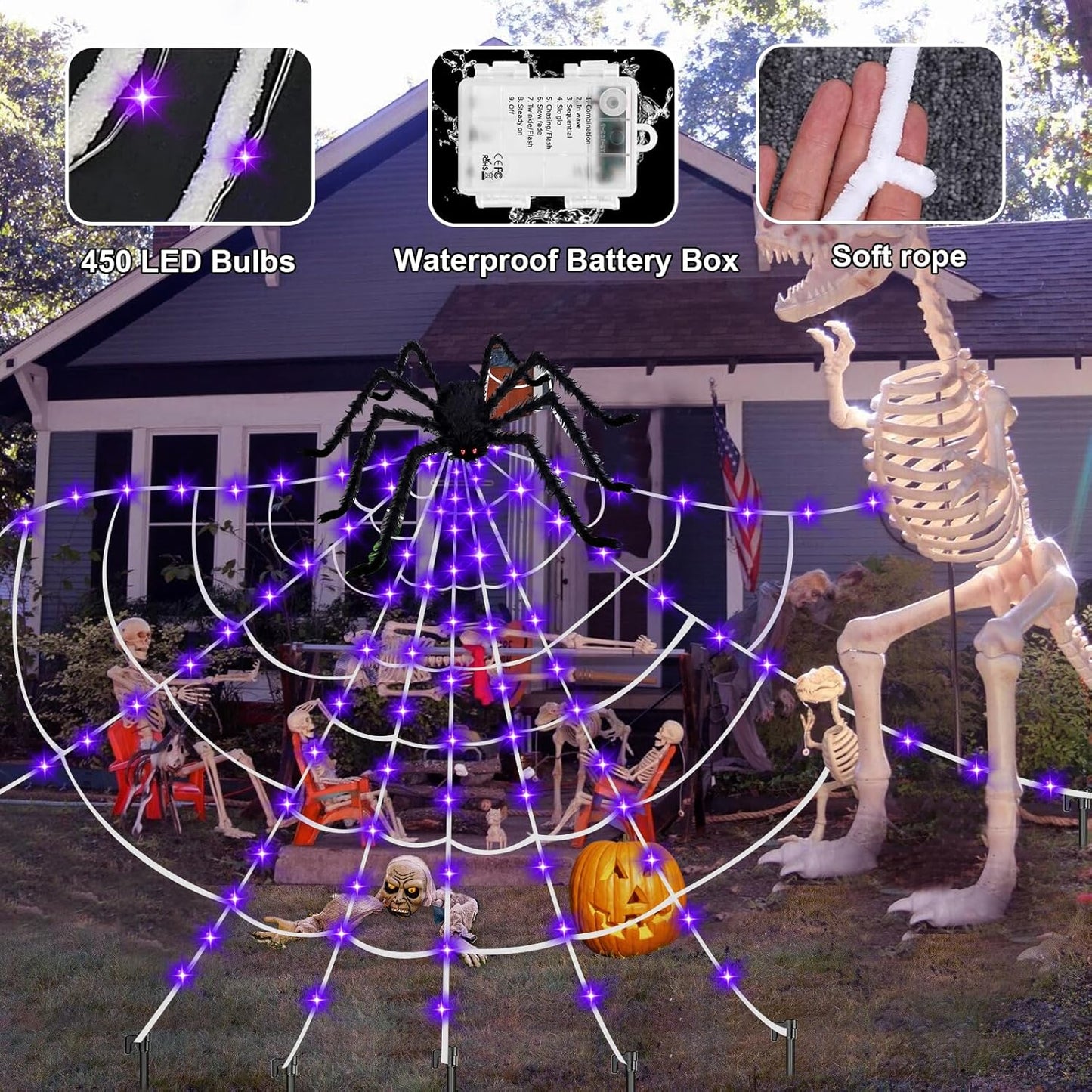 Spider Webs Halloween Decorations - Light up Spider Web Halloween Decorations Outdoor 32X16.5Ft- 450 LED Giant Spider Web & 50G Stretch Cobweb,Halloween Spiderwebs with Remote Control