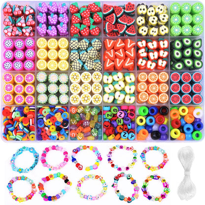 1000PCS Polymer Clay Beads Bracelet Making Kit, 24 Style Cute Fun Beads Fruit Flower Animal Cake Butterfly Heart Beads Charms for Jewelry Necklace Earring Making DIY Accessories for Women Girls