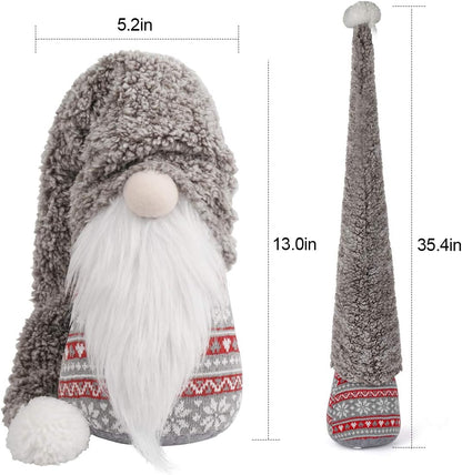 Christmas Gnome Plush 13 Inch Large Swedish Tomte Gnome Ornaments with Long Hat Holiday Scandinavian Christmas Decorations for Home (Grey, Nose without Light)