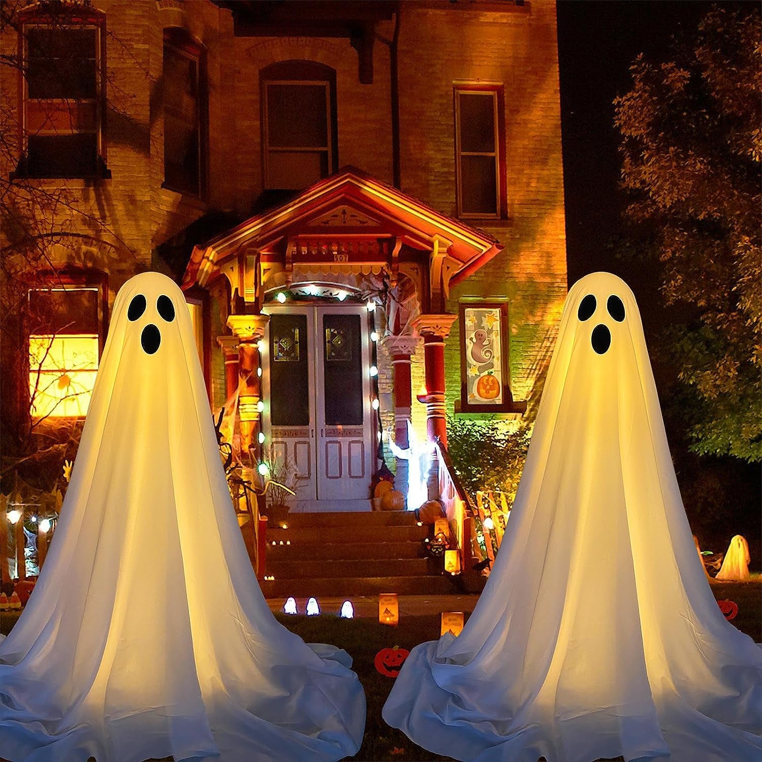 2 Packs Halloween Decorations Outdoor, Spooky Ghost Halloween Decor with String Lights Battery Operated, Easy to Assemble Ghost Decorations for Front Porch Yard