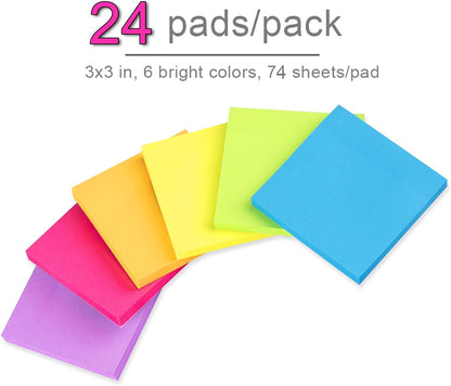 (24 Pack) Sticky Notes 3X3 in Post Bright Stickies Colorful Super Sticking Power Memo Pads, Strong Adhesive, 74 Sheets/Pad