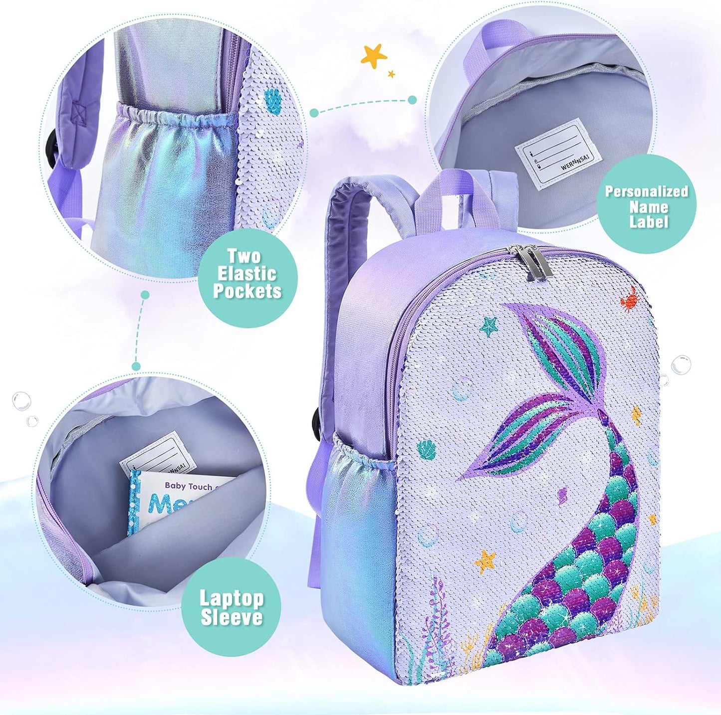 Sparkly Girls Mermaid Backpack - Sequins School Backpack for Kids Girls Preschool Kindergarten Elementary 15” Lightweight Travel Casual Book Bag Schoolbag