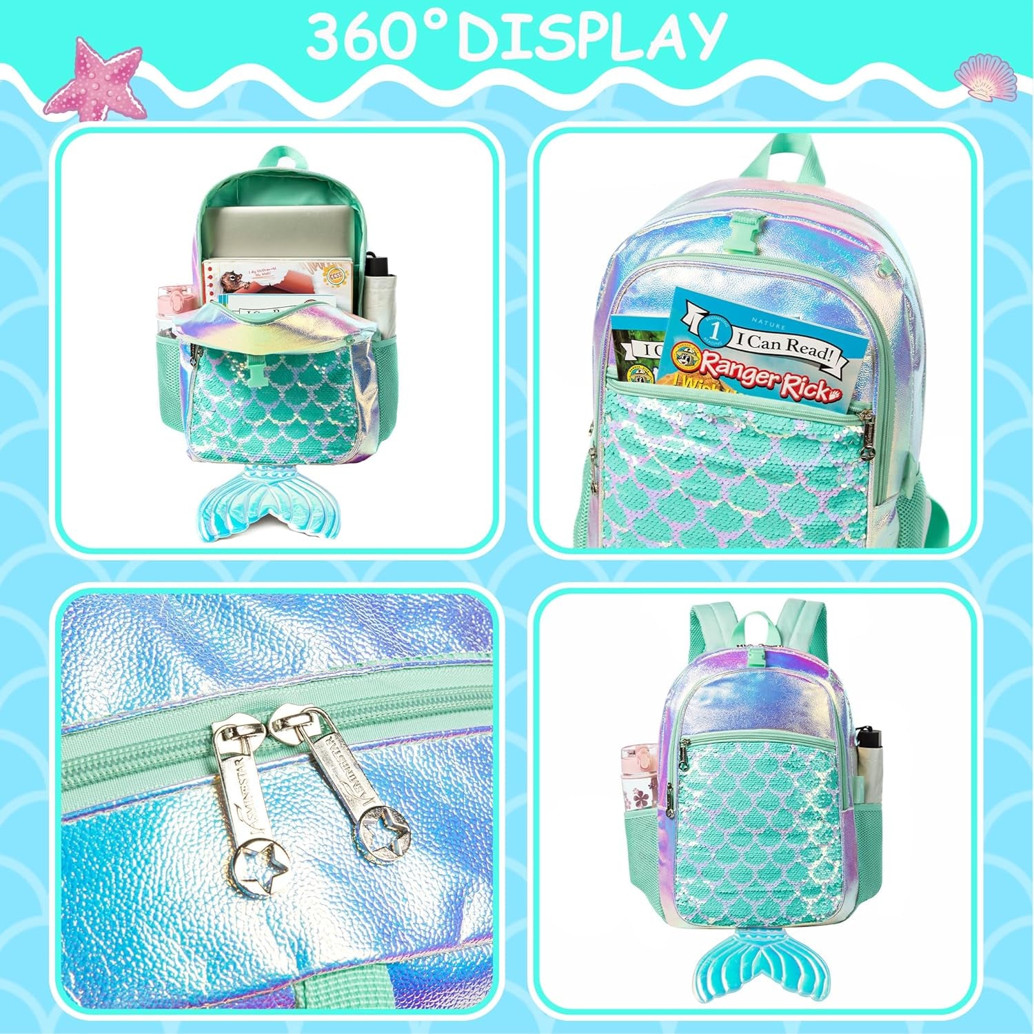Backpack for Girls Cute Mermaid School Backpacks 4 in 1 Kids Sequin Bookbag for Elementary Kindergarten Students with Lunch Box Pencil Case for Girls 5-12 Years Old