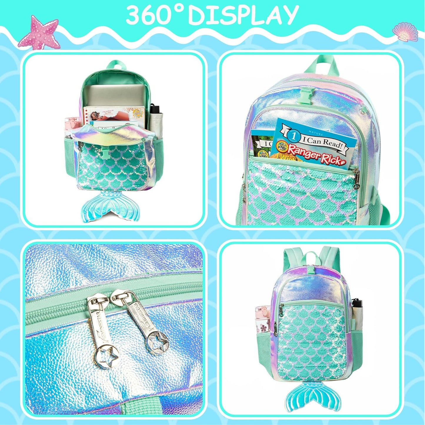 Backpack for Girls Mermaid Magic Sequin School Bag with Lunch Box Girls Backpack Set for Elementary Preschool Bookbag
