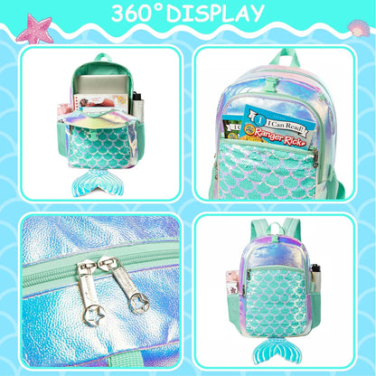 Kids Backpack for Gilrs School Mermaid Backpacks with Lunch Box for Elementary Kindergarten Cute 4 in 1 Bookbag for Girls