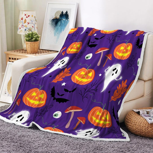 Halloween Throw Blanket, Purple Cute Pumpkin Ghost Warm and Comfortable Bed Sofa Blanket, Funny Mushroom Flannel Throw and Blankets, Living Room, Bedroom Decoration