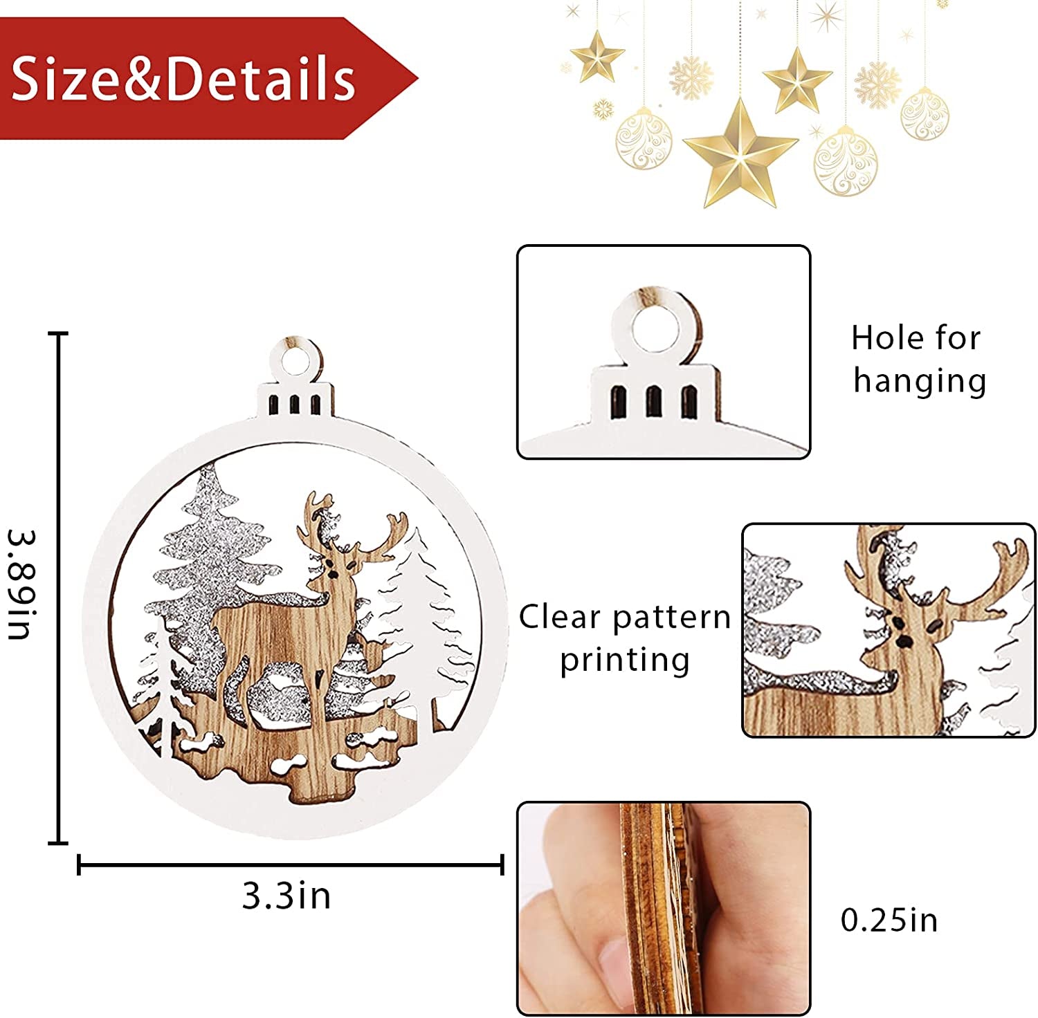 Winter Wonderland Ornaments for Christmas Tree - 6 Pack Christmas Wooden Ornaments for Winter Christmas Holiday Tree Decorations