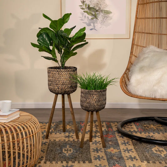 Toole Bamboo Planter Pots on Tripod Stands, Indoor and Outdoor Set