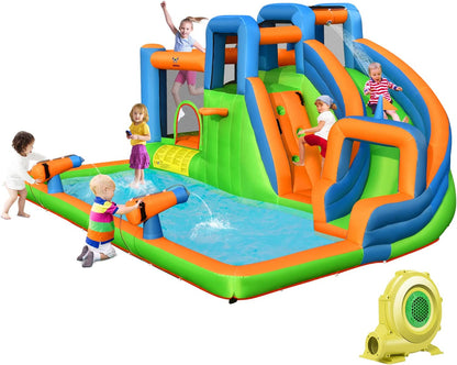 Inflatable Water Slide, 7 in 1 Mega Water Park Bounce House Waterslide Combo for Outdoor Fun W/735W Blower, Climbing Walls, Blow up Water Slides Inflatables for Kids and Adults Backyard Gifts