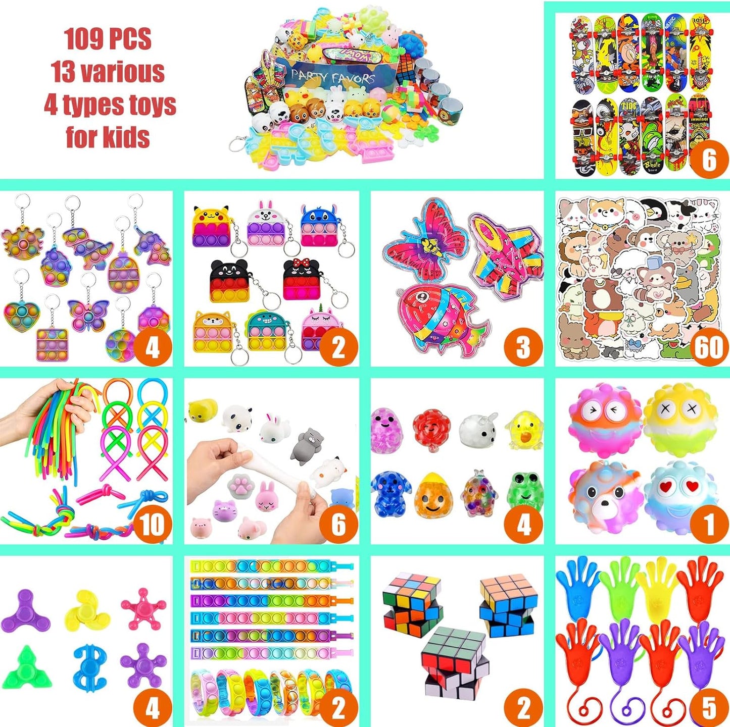 109 PCS Premium Party Favors Toys for Kids,Assortment Mini Pop Fidget It Toys for All Ages Kids,Classroom Prizes,Treasure Chest, Prize Box Toys, Goody Bag Fillers,Carnival Prizes for Boys Girls 4-10