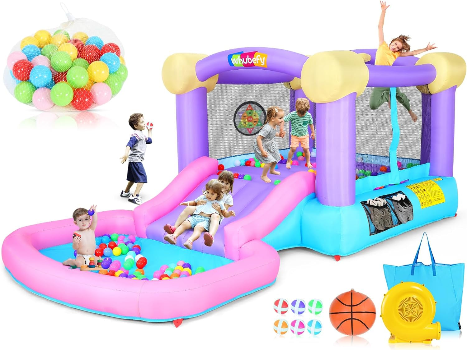 Inflatable Water Slides for Kids 8-In-1 Bounce House Water Park with 450W Blower Climbing Wall, Splash Pool, 2 Water Cannons, Basketball Hoop, Water Slide, Crocodile Sprinkler for Gift Backyard Party