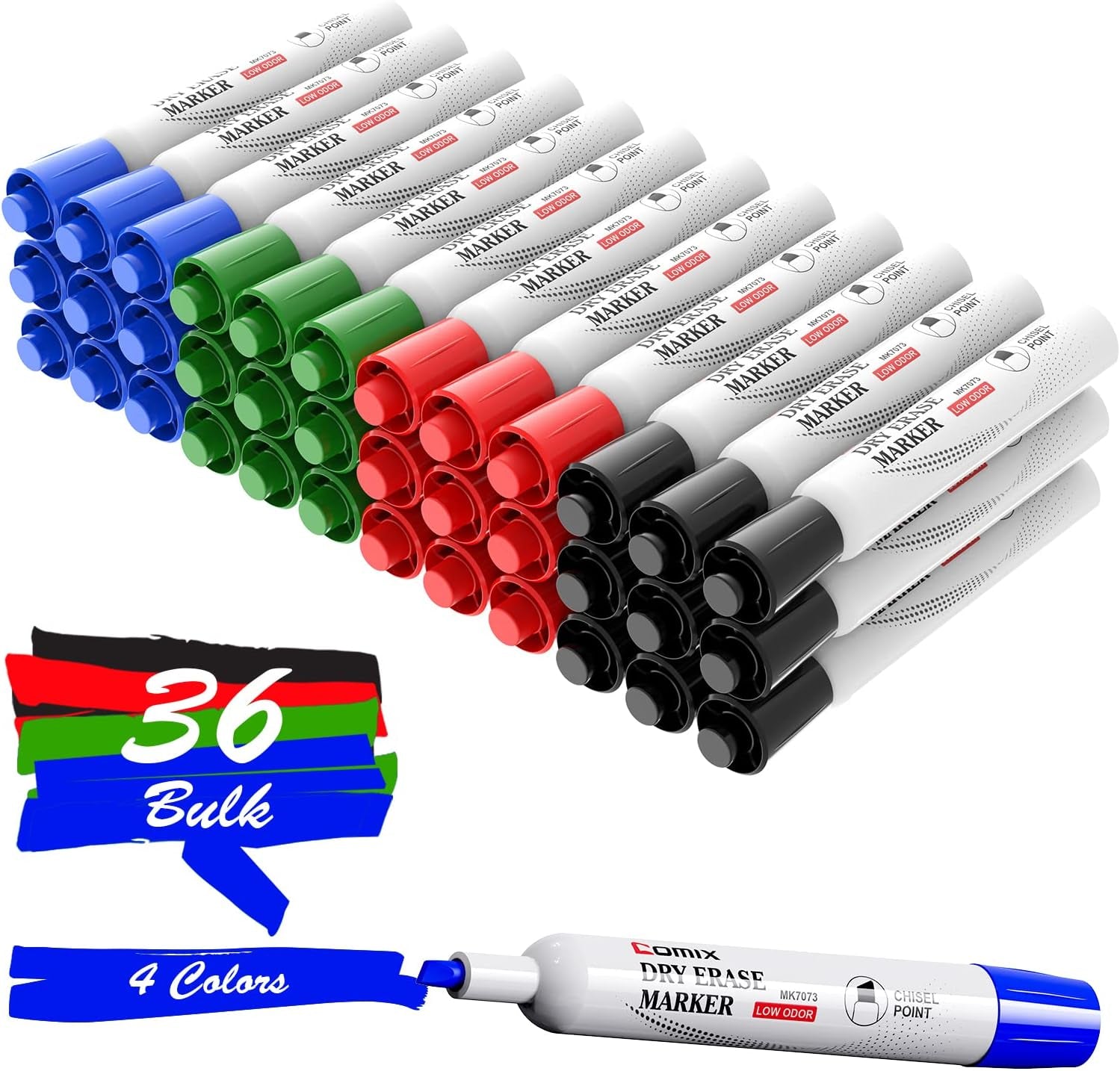 Dry Erase Markers, Chisel Tip White Board Markers, 36 Bulk 4 Assorted Colors Low Odor Markers for Teachers Office & School Supplies