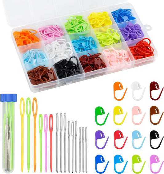 220/900 Pieces Stitch Markers,With 15 Pcs Large Eye Blunt Sewing Needles,Colorful Crochet Stitch Markers for Knitting Stitch Locking Clips Crochet Pins with Storage Box