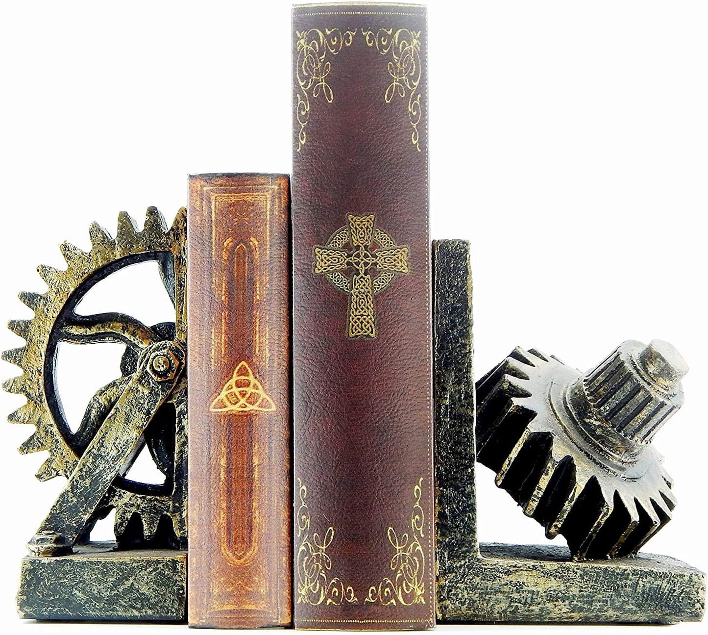 Decorative Bookend Gear Book Ends Industrial Rustic Vintage Unique Heavy Statues Bookshelves Support Home Decor Accents (Large)