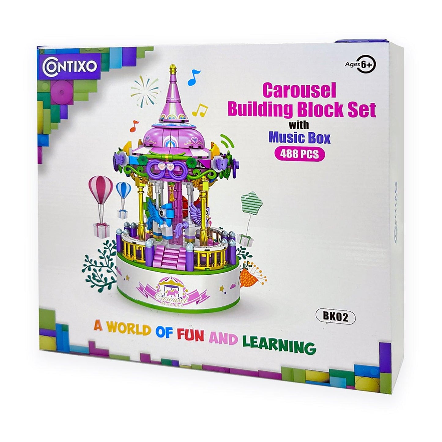 BK02 Carousel Building Block Set with Music Box, 488 Pieces - Loomini