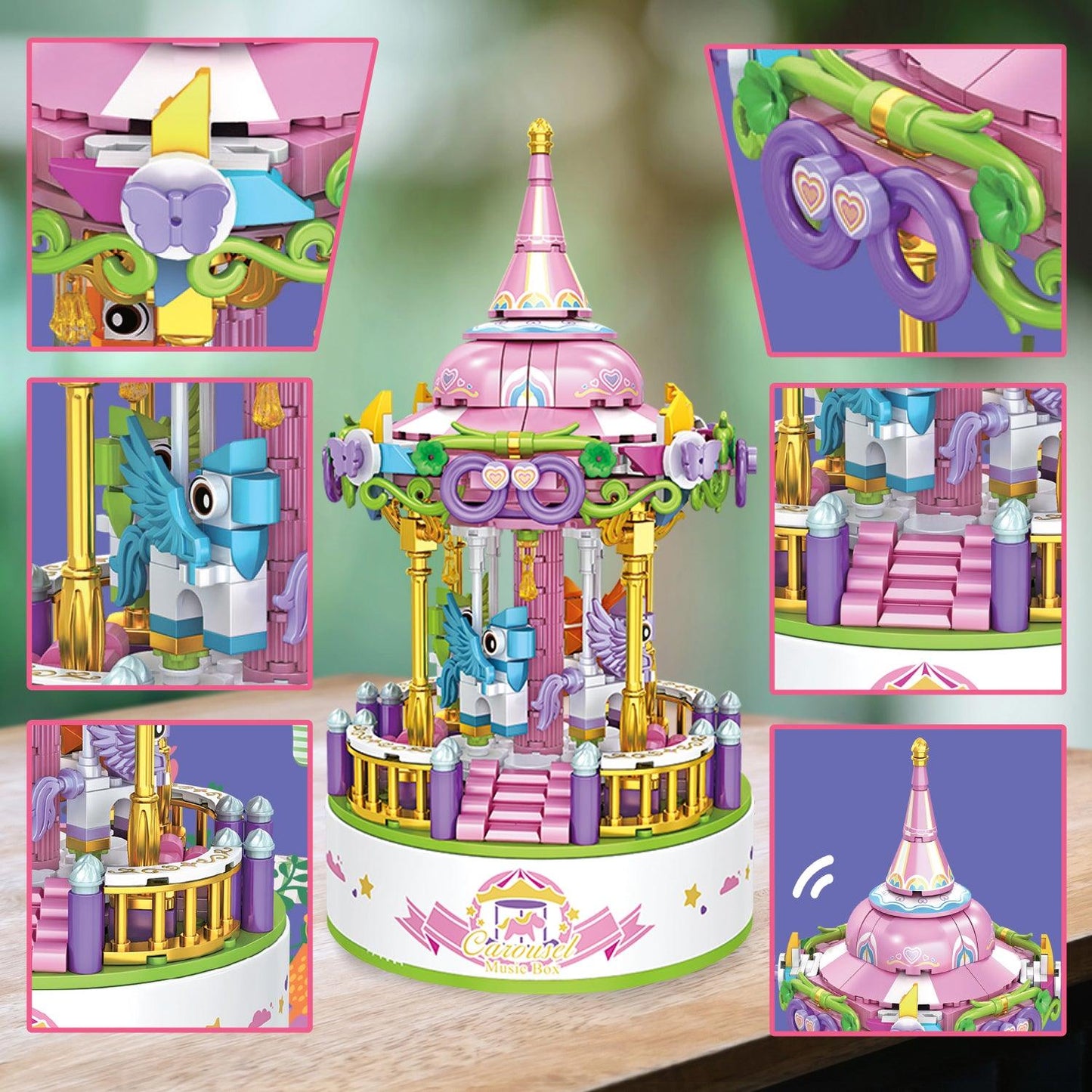 BK02 Carousel Building Block Set with Music Box, 488 Pieces - Loomini