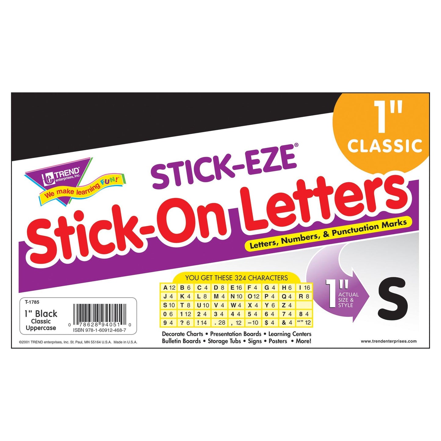 Black 1" STICK-EZE® Stick-On Letters, 324 Pieces Per Pack, 6 Packs - Loomini