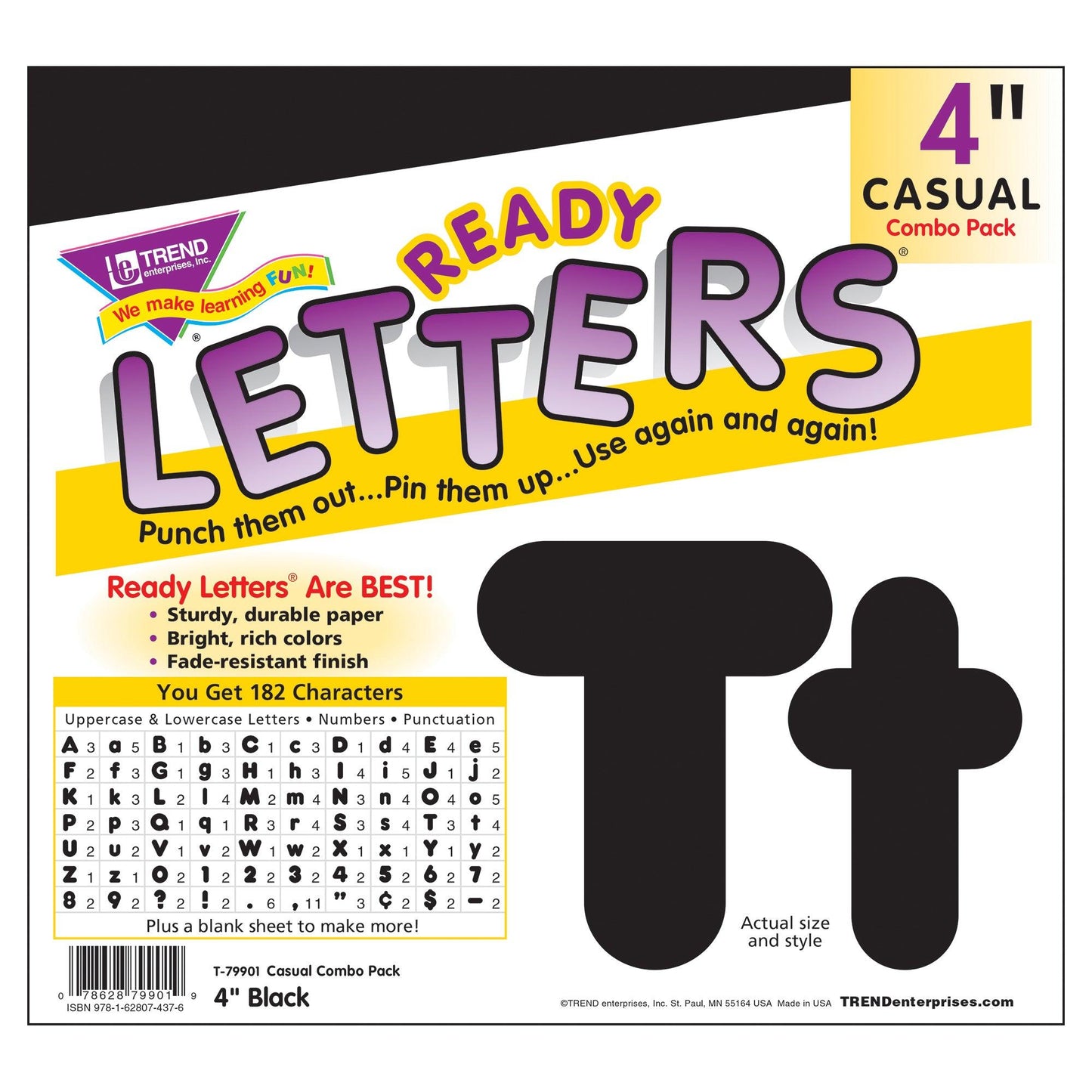 Black 4-Inch Casual Uppercase/Lowercase Combo Pack Ready Letters®, 182 Per Pack, 3 Packs - Loomini