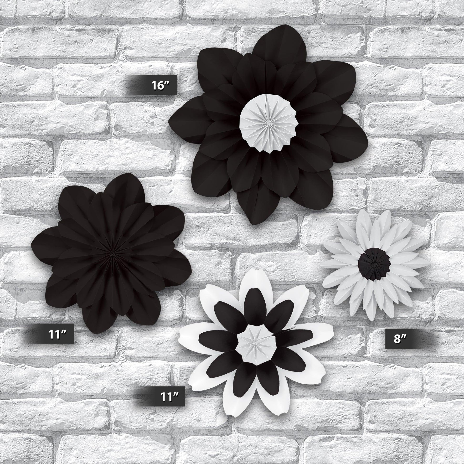 Black and White Paper Flowers, Pack of 4 - Loomini