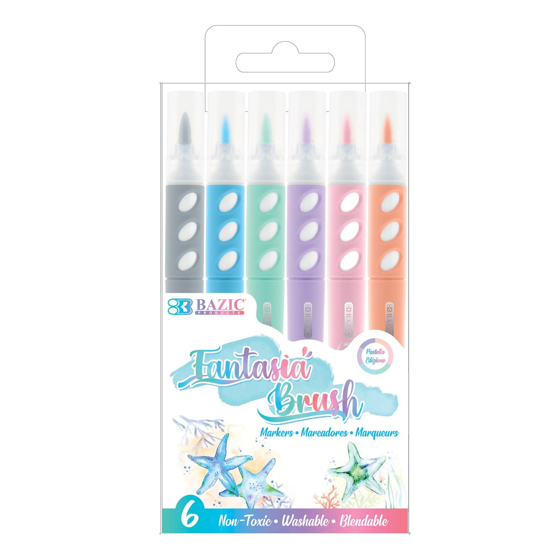 Brush Markers, Pastel Colors, 6 Per Pack, 12 Packs - Loomini