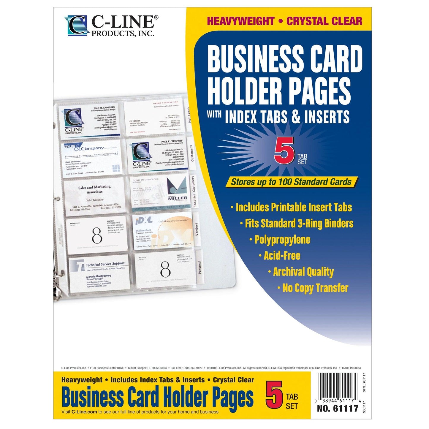 Business Card Holder, Poly with Tabs, Holds 20 Cards/Page, 11" x 8-1/2", 5 Per Pack, 5 Packs - Loomini