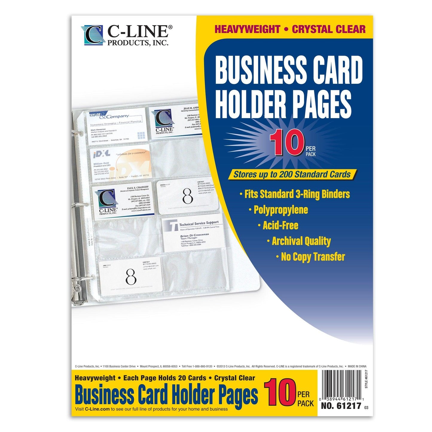 Business Card Holder, Poly without Tabs, Holds 20 Cards/Page, 11-1/4" x 8-1/8", 10 Per Pack, 10 Packs - Loomini