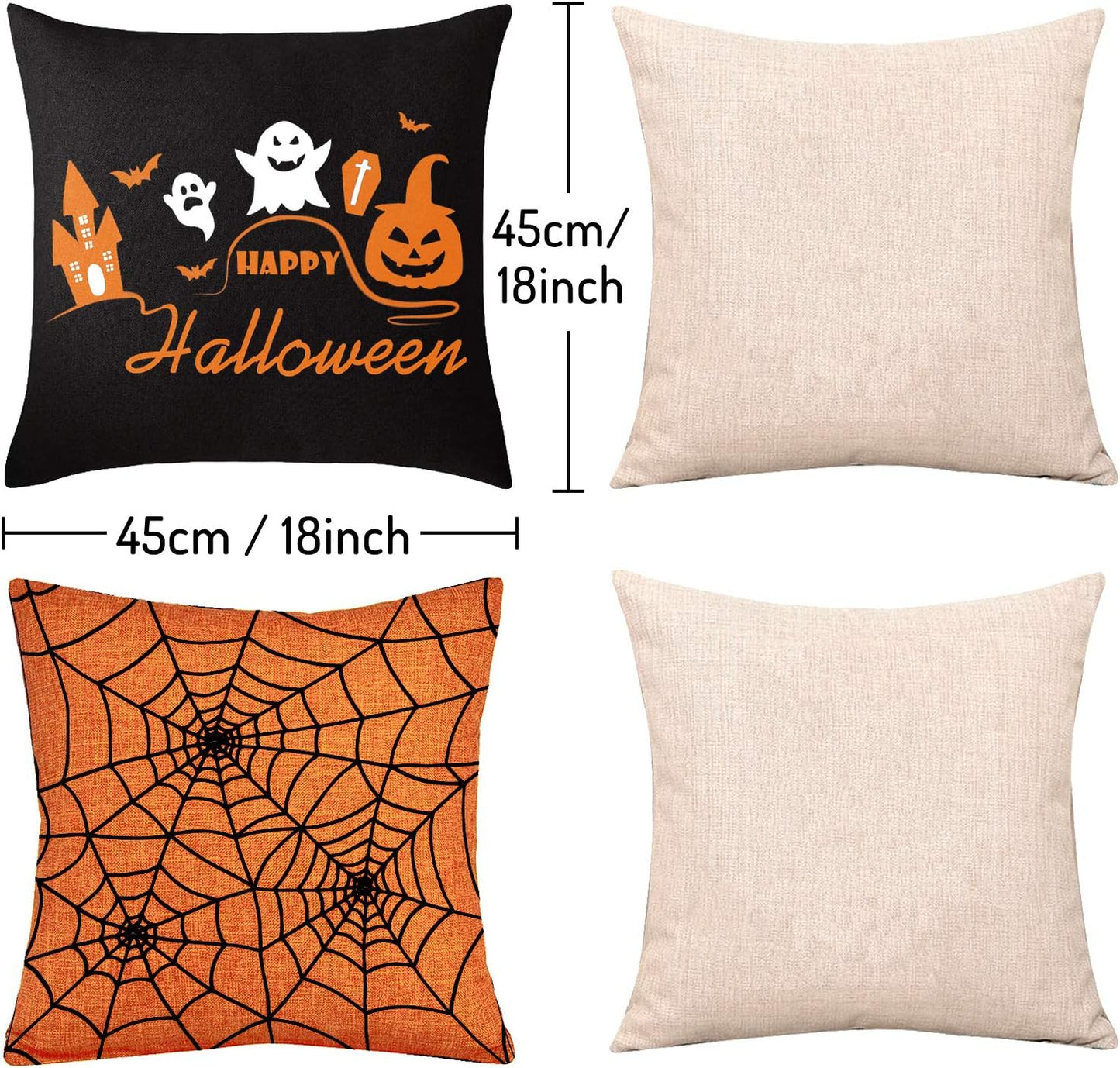 4 Pieces Halloween Pillow Case, Orange and Black Pillow Cover, Happy Halloween Linen Sofa Bed Throw Cushion Cover Decoration (18" X 18")