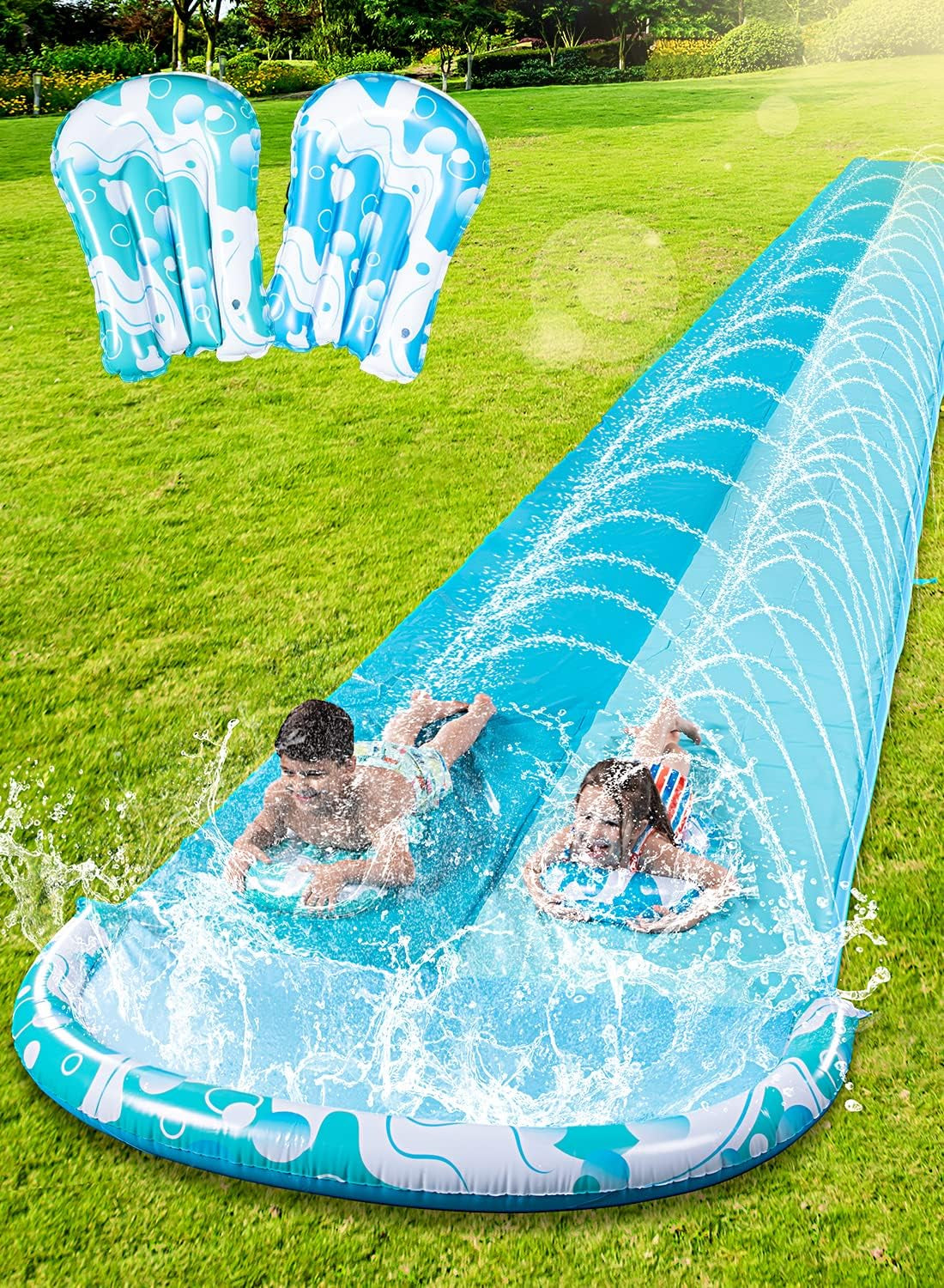 22.5Ft Double Water Slide, Heavy Duty Lawn Water Slide with Sprinkler and 2 Slip Inflatable Boards for Summer Yard Lawn Outdoor Water Play Activities,Light Blue