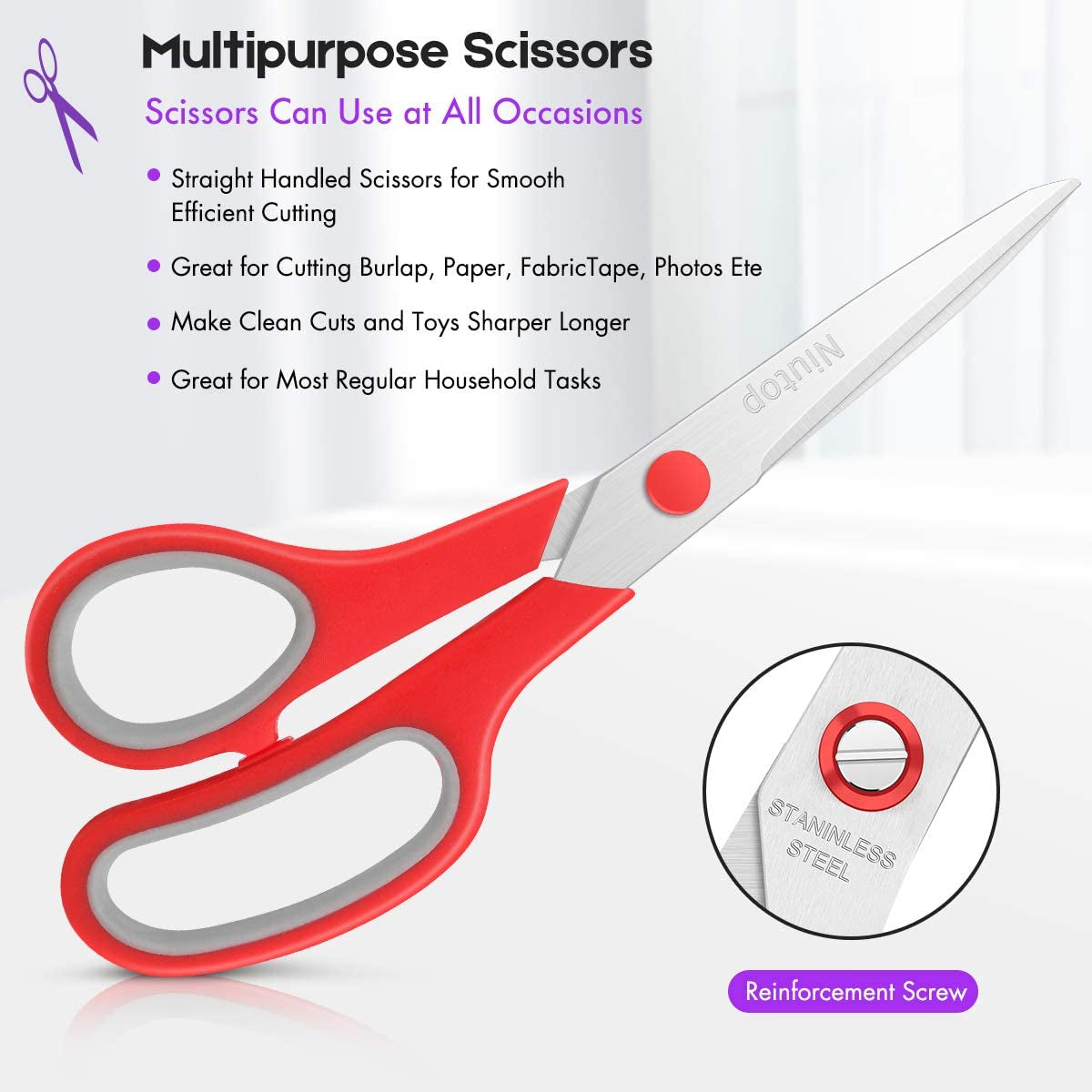 Scissors Bulk Set of 5-Pack,  8" Multipurpose Sharp Sewing Craft Fabric Scissors for Office Home High/Middle School Student Office Teacher Art Supplies, Soft Comfort-Grip Right/Left Handles