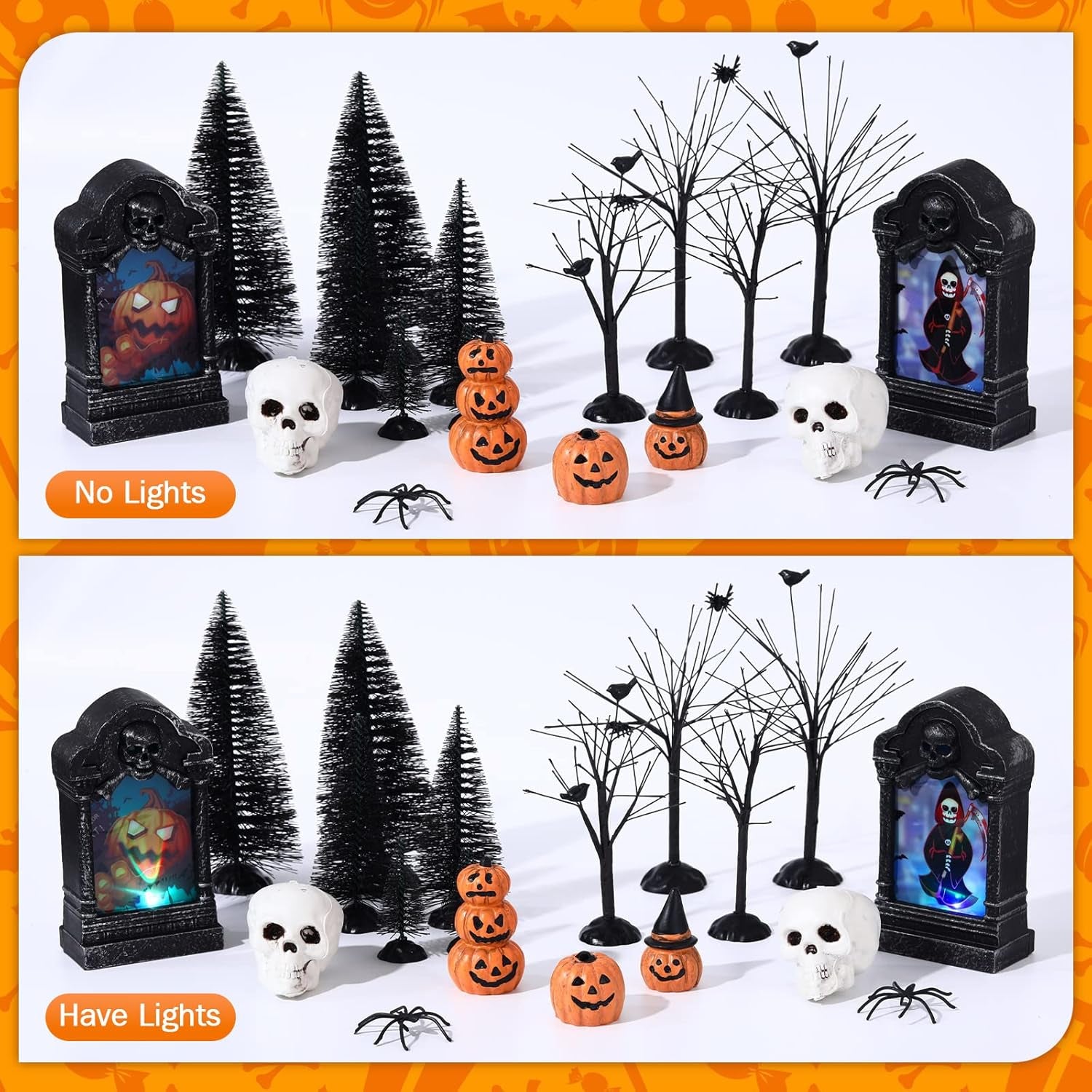 19 Pcs Halloween Village Accessories Set Miniature Halloween Figurines Houses Ornaments Bare Branches LED Tombstones Skeleton Pumpkin Statues Fake Spiders Halloween Party Decor