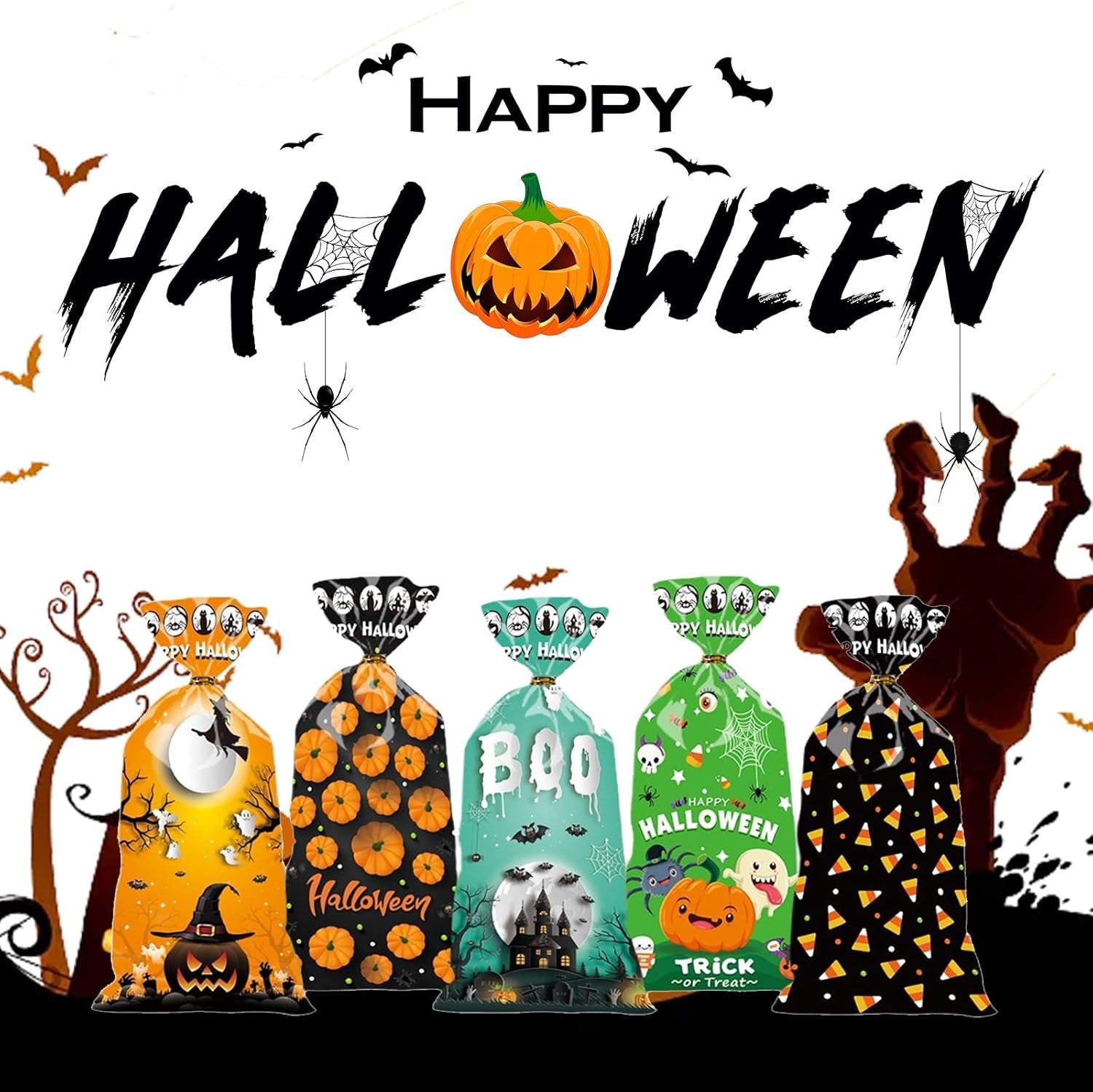 50 Pieces Halloween Treat Bags Trick or Treat Cellophane Plastic Candy Goodie Favor Bags with 50 Pieces Twist Ties for Kids Halloween Party Supplies, Pattern 03