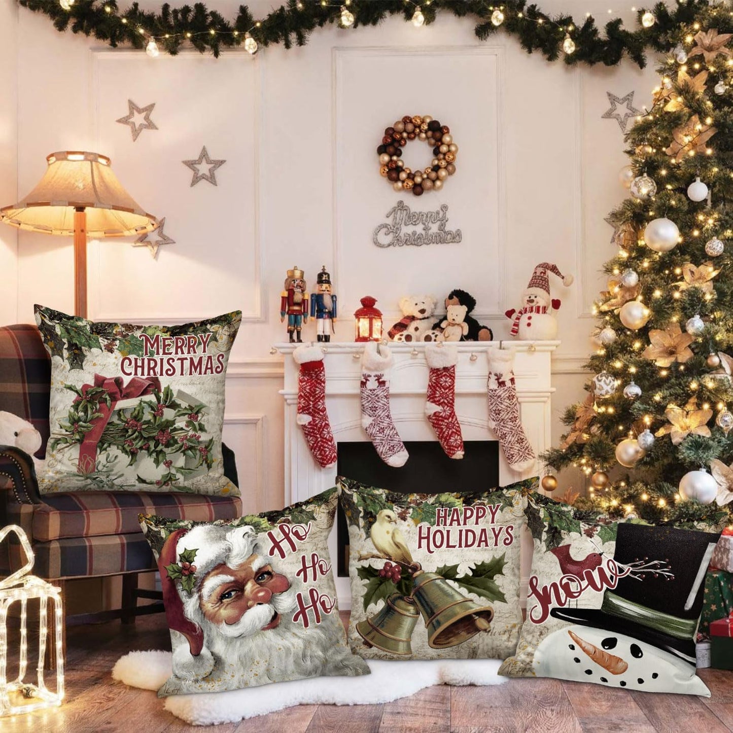 Vintage 26X26 Christmas Throw Pillow Covers Set of 4, Retro Santa Claus Snowman Decorative Holiday Pillow Case Cushion Cover 26 X 26 for Indoor Home Bedroom Sofa Couch Xmas Decor