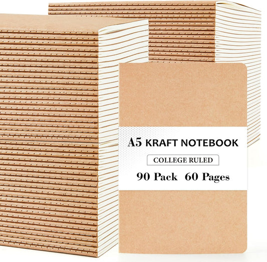 90 Pack Kraft Notebooks Bulk, Lined Travel Journals Note Pad Notebooks for Men Women Girls Students, Making Plans Writing Memos Office School Supplies, A5, 60 Pages, 8.3” X 5.5”