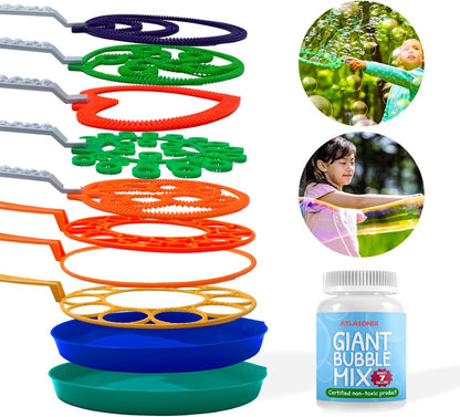 Giant Bubble Wands Outdoor Toys for Kids Large Blowing Rings Shapes Set for Big Soap Bubbles Includes Giant Bubble Mix Solution Kit Refill Summer Party Park Beach Fun Activities
