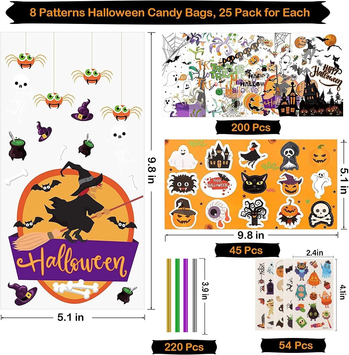 Halloween Candy Bags Treats Bags, 200 PCS Halloween Cellophane Bags for Kids Treat or Trick Party Supplies, 8 Styles Halloween Goodies Bags Gift Bags with Tattoo Stickers for Halloween Party Favors