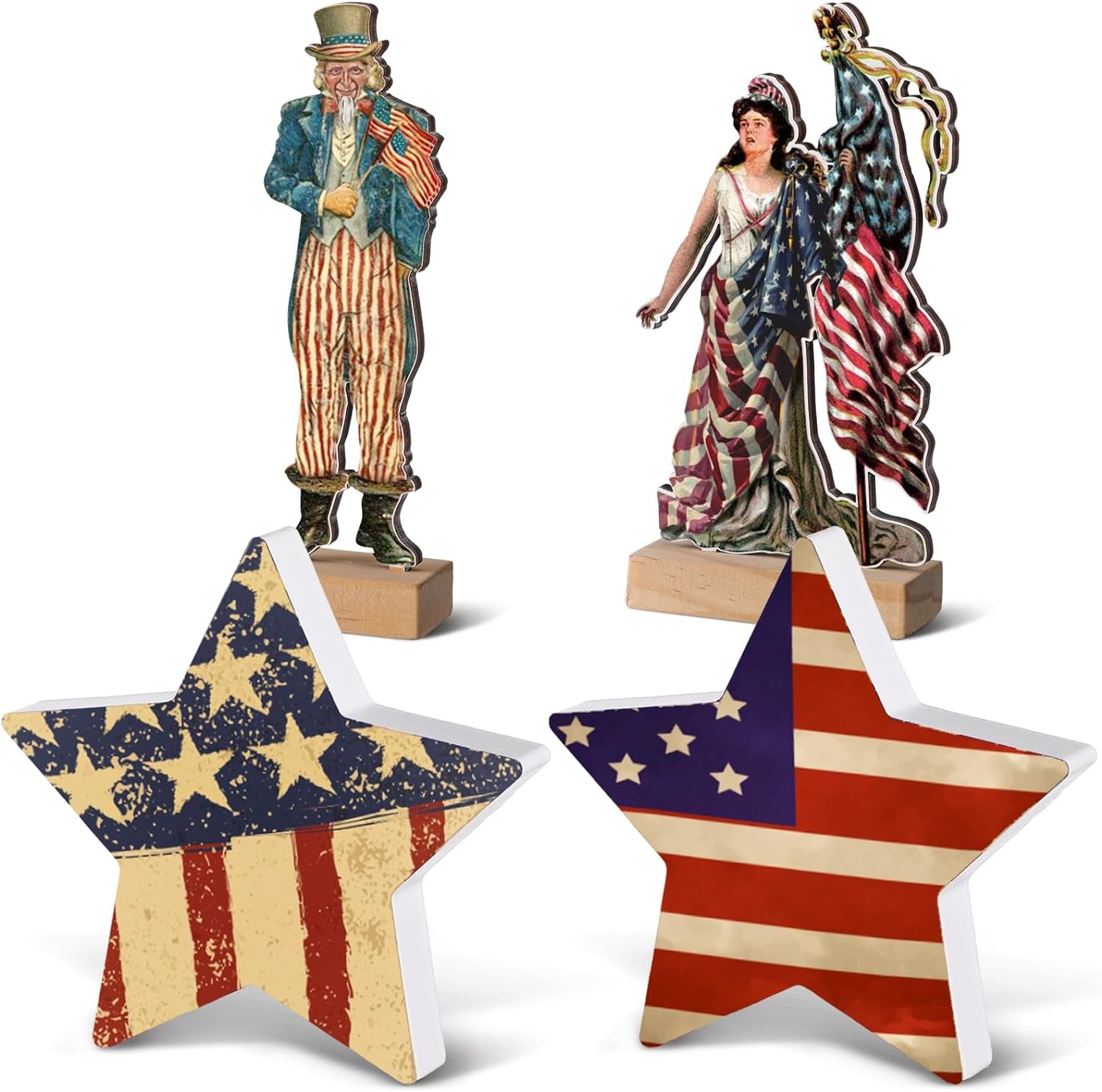 4 Pcs 4Th of July Patriotic Tiered Tray Decor Memorial Day Independence Table Decorations Farmhouse Stars Centerpiece Wood Signs Lady Liberty Signs Standing Blocks Red White Blue (Star)