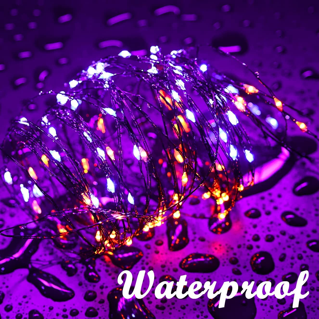 2 Pack Halloween Solar Lights, 33Ft 100LED Orange Purple Halloween Fairy Lights Waterproof 8 Modes Twinkle Lights Outdoor for Halloween Party DIY Decoration Black Wire