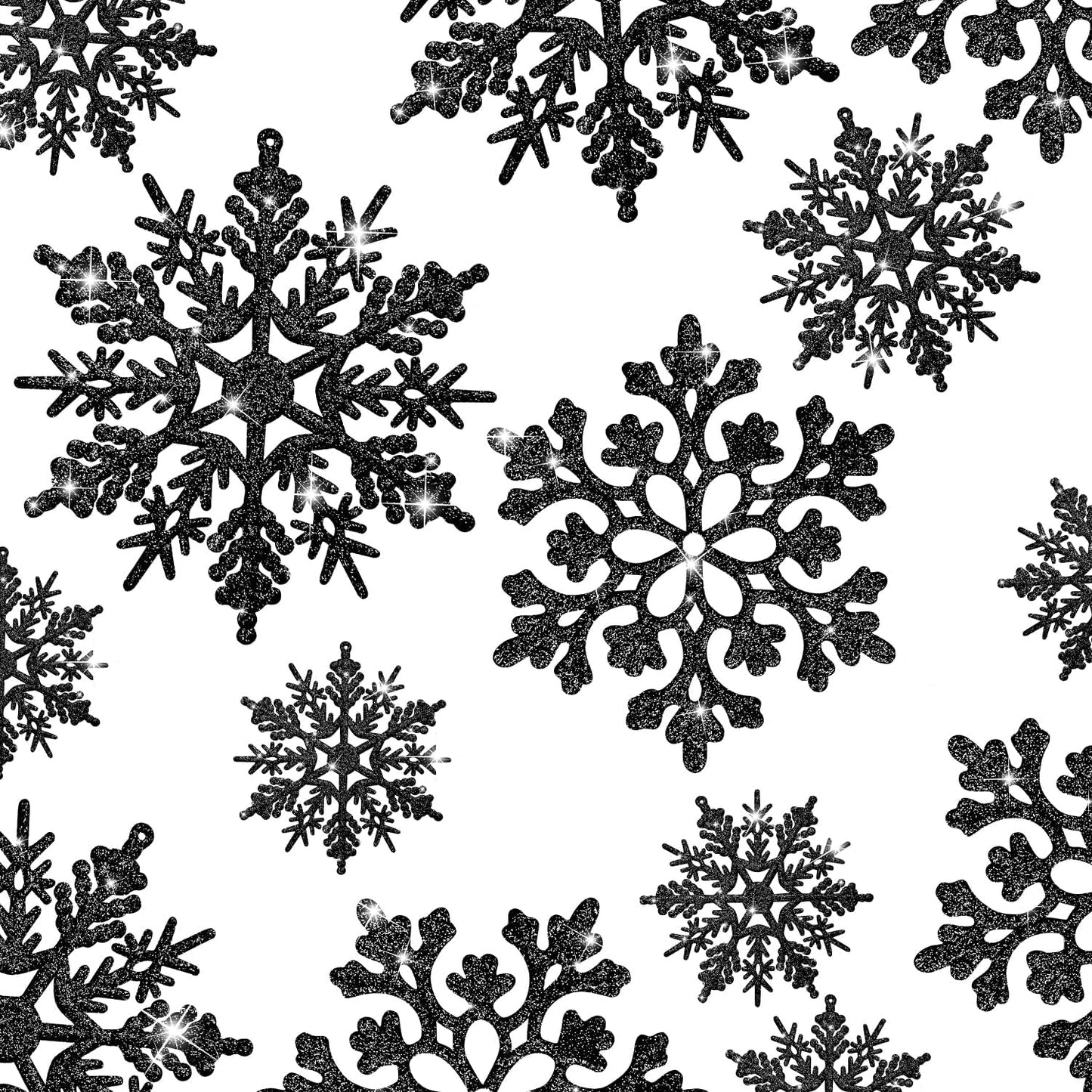 46Pcs Plastic Snowflake Ornament Christmas Glitter Snowflake Hanging Christmas Tree Decorations with Silver Rope for Winter Decorations Tree Window Door Accessories (Black)