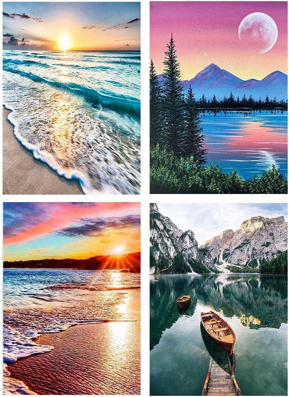 Paint by Numbers for Adults - DIY Adult Paint by Number Kits Pack on Canvas Sunset Beach Painting by Numbers for Beginners,Acrylic Paint Boat on Mountains Lake Crafts for Home Decor (11.8X15.8Inch)