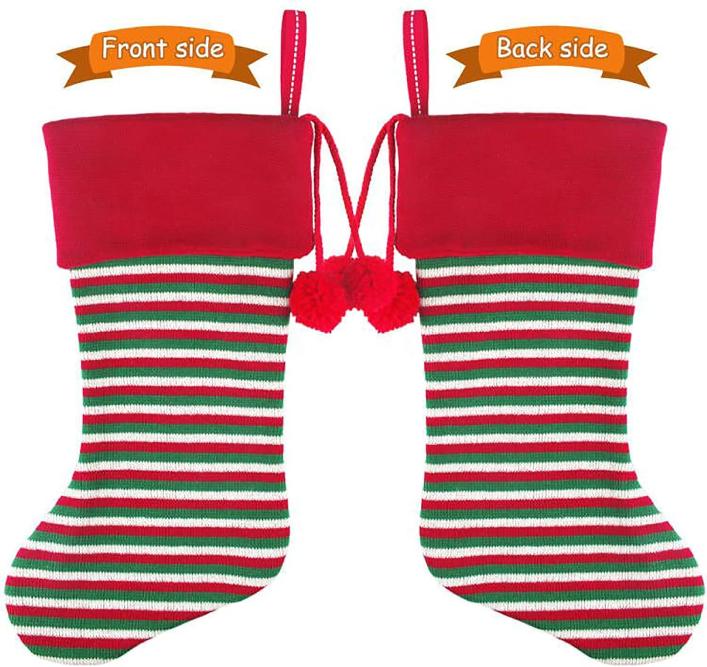 2 Pack 18'' Large Size Heavy Knit Christmas Stockings with Pom Pom Balls, Rustic Xmas Knitted Personalized Stocking Decoration for Family Holiday Season Décor, Red Green Beige Stripe