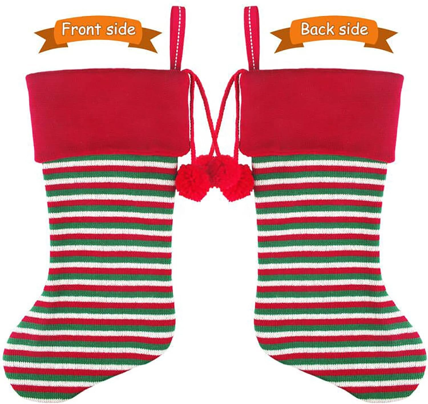 2 Pack 18'' Large Size Heavy Knit Christmas Stockings with Pom Pom Balls, Rustic Xmas Knitted Personalized Stocking Decoration for Family Holiday Season Décor, Red Green Beige Stripe