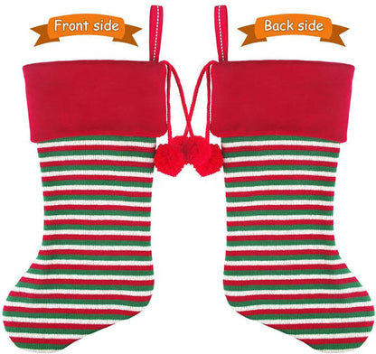 2 Pack 18'' Large Size Heavy Knit Christmas Stockings with Pom Pom Balls, Rustic Xmas Knitted Personalized Stocking Decoration for Family Holiday Season Décor, Red Green Beige Stripe