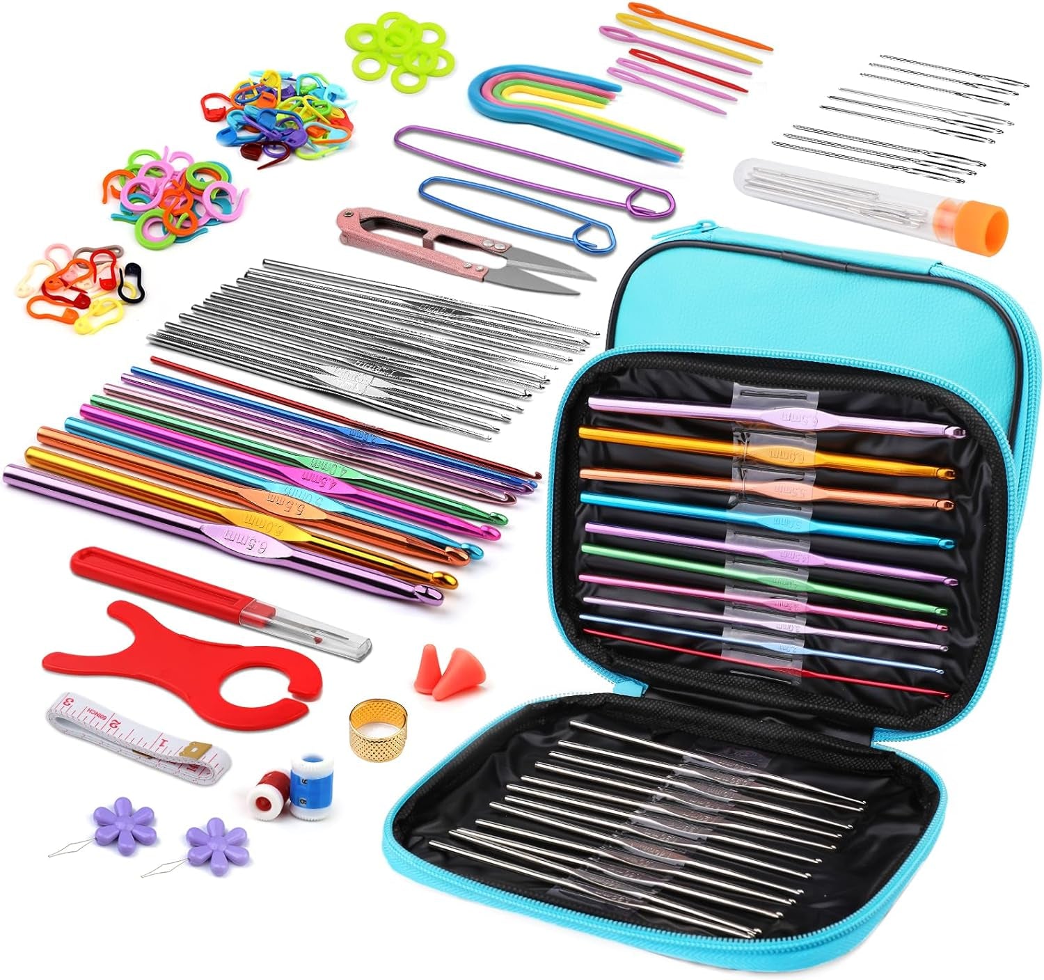 54 Pcs Crochet Needles Set, Crochet Hooks Kit with Storage Case, Ergonomic Knitting Needles Blunt Needles Stitch Marker DIY Hand Knitting Craft Art Tools for Beginners