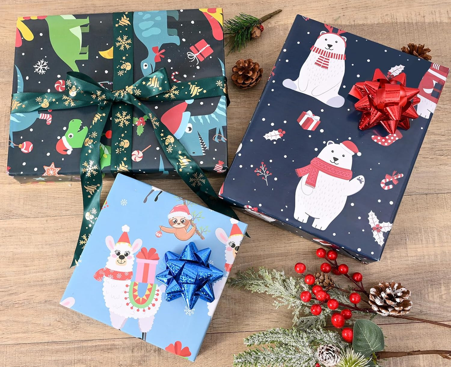 Christmas Wrapping Paper for Kids Boys Girls 6 Large Sheet Gift Wrapping Paper Xmas Holiday Gift Wrap Paper Christmas Decorations Pattern Dinosaur, Bear, Llama, Sloth Folded Flat 27 * 37Inch