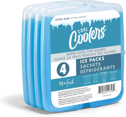 Cool Coolers by  4 Pack Slim Ice Packs, Quick Freeze Space Saving Reusable Ice Packs for Lunch Boxes or Coolers, Multi Colored